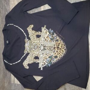 Cavalli Class Gems Rhinestone Studded Tiger Cheetahs  Animal Top‎ L